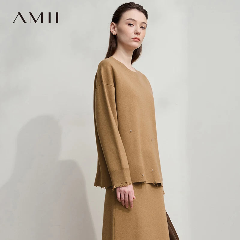 AMII Damenpullover braun, Rundhals, lockerer Schnitt, ausgefranste Saumkante