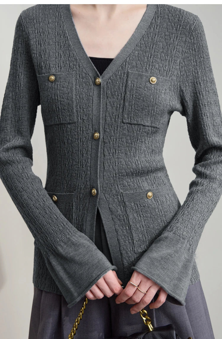 Damen-Strickjacke V-Ausschnitt einfarbig gerade Langarm vielseitig Herbst