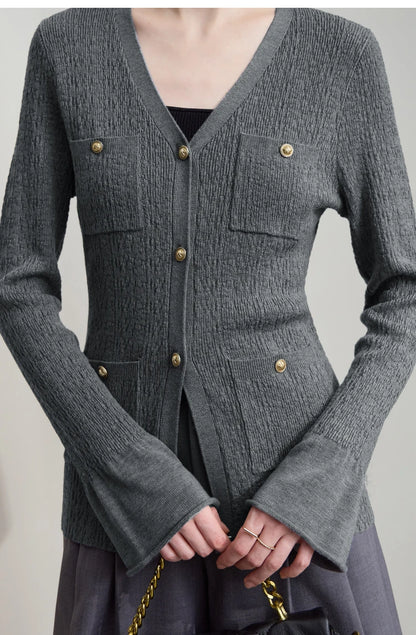 Damen-Strickjacke V-Ausschnitt einfarbig gerade Langarm vielseitig Herbst