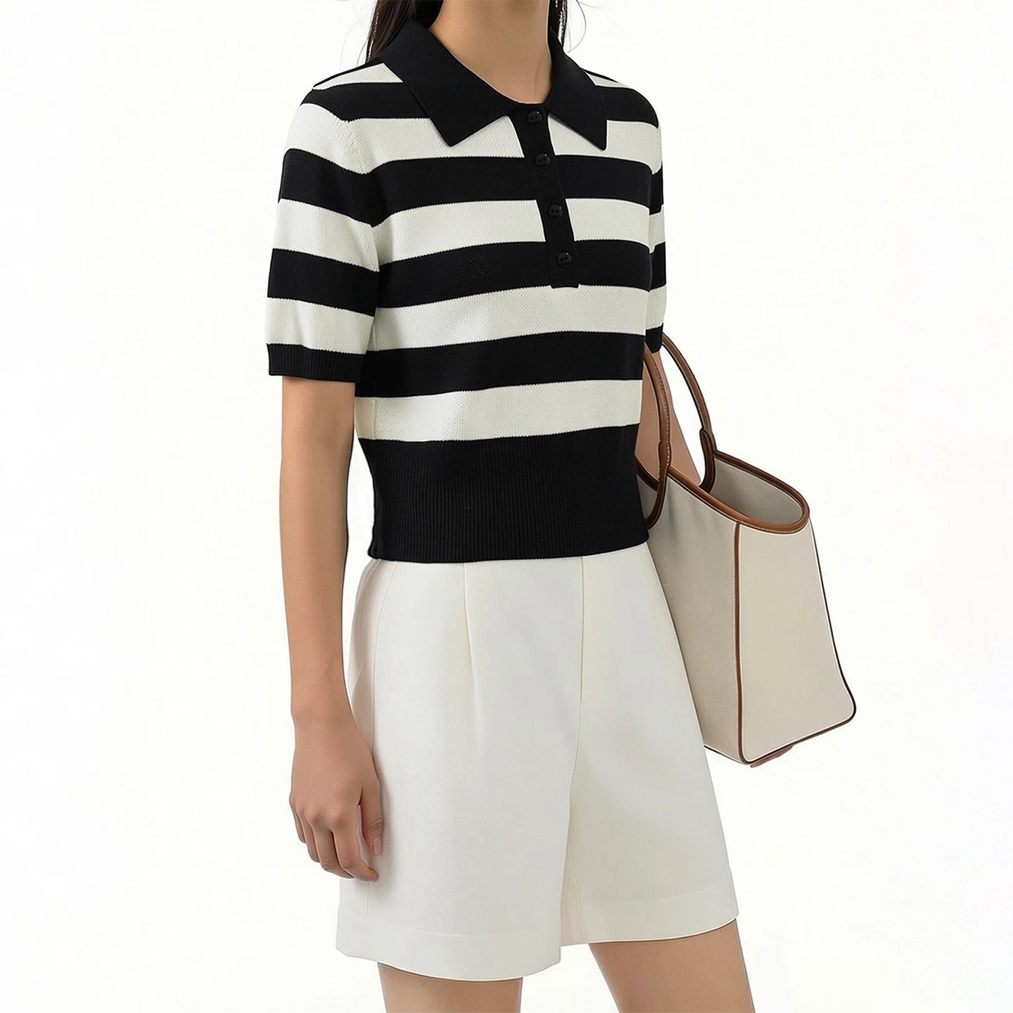 Gestreiftes Polo-Stricktop für Damen mit Knopfleiste, Schwarz-Weiß, kurz geschnitten