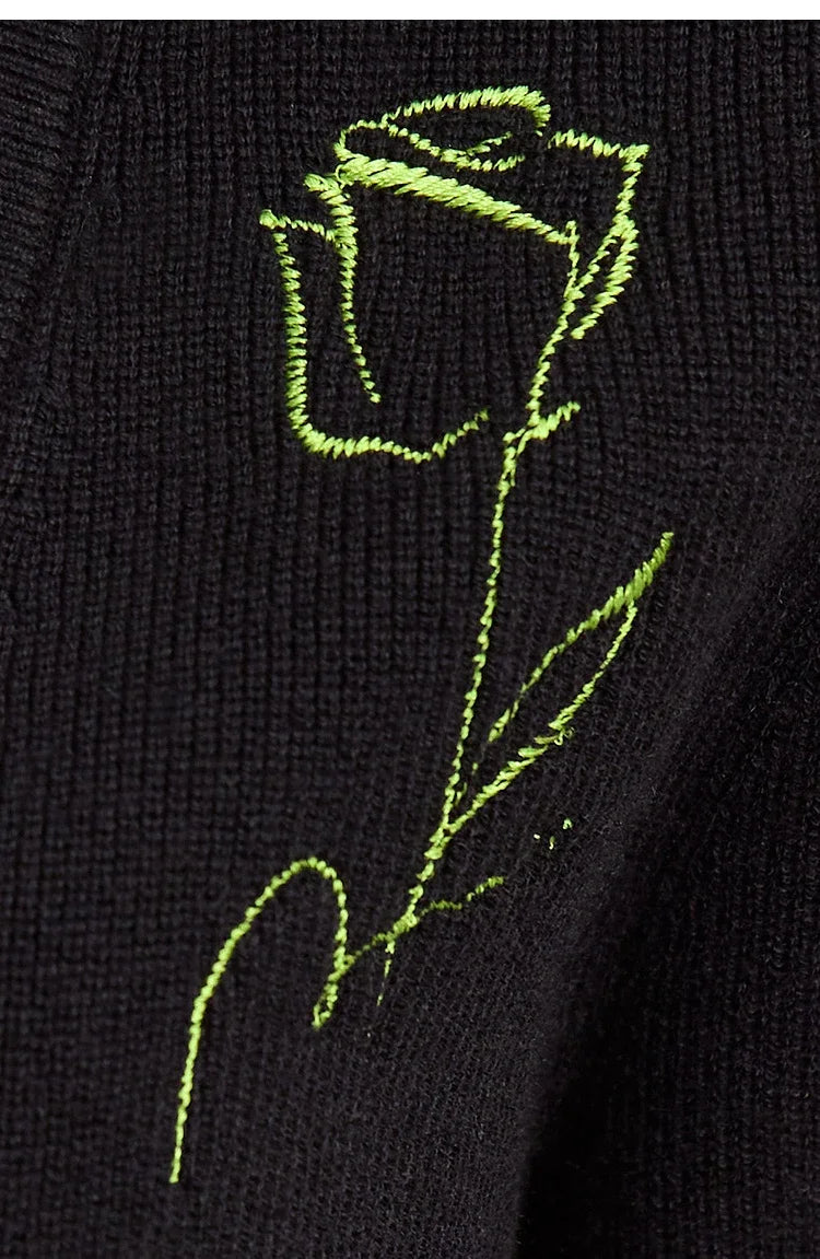Damen-Strickjacke V-Ausschnitt Stickerei locker Langarm Herbst