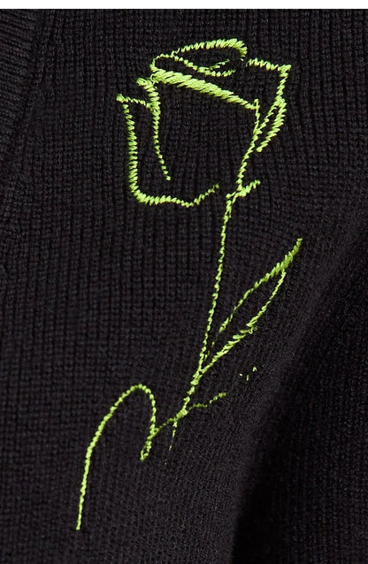 Damen-Strickjacke V-Ausschnitt Stickerei locker Langarm Herbst