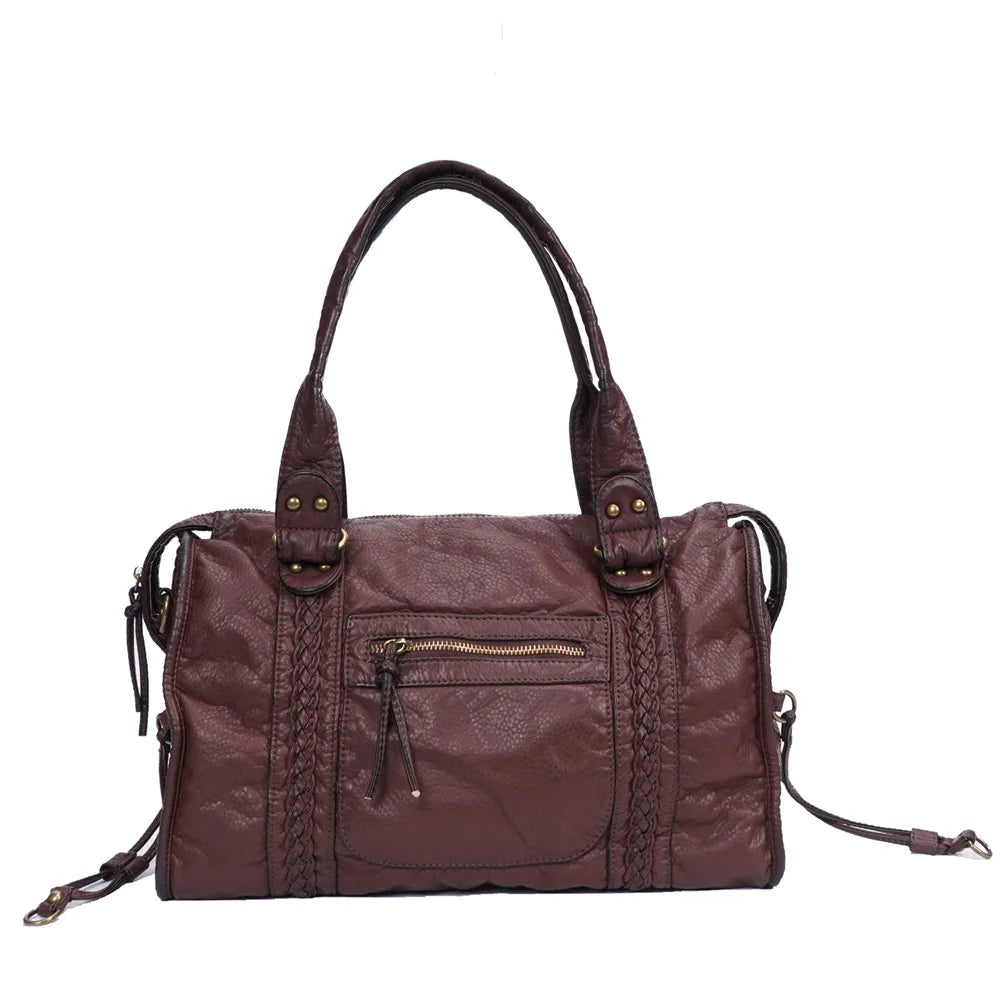Damen-Handtasche aus PU-Leder Weinrot Großes Fassungsvermögen Schultertasche Boston-Stil