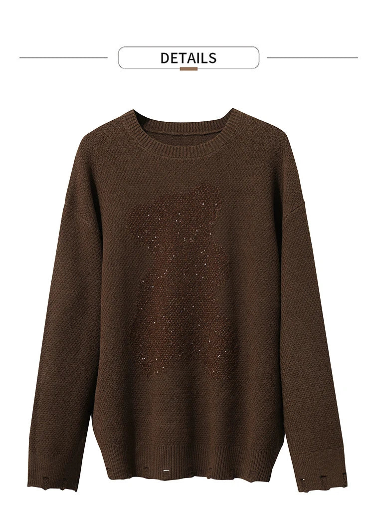 Damen-Rundhalspullover Jacquard Aushöhlung Perlenstickerei locker Winter