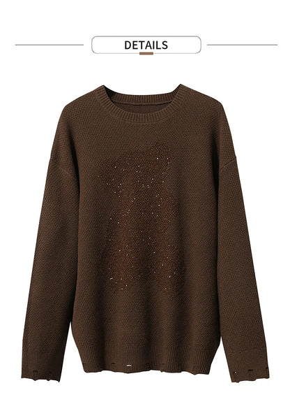 Damen-Rundhalspullover Jacquard Aushöhlung Perlenstickerei locker Winter