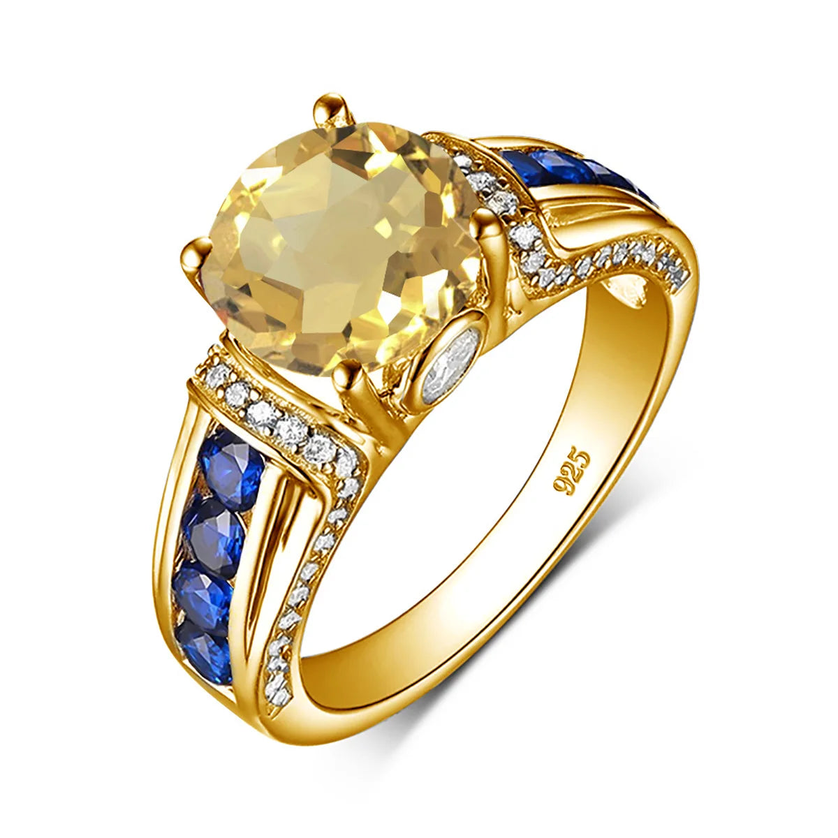 Goldfarbener Ring mit großem gelben Stein, blauen Seitensteinen und klaren Zirkonias