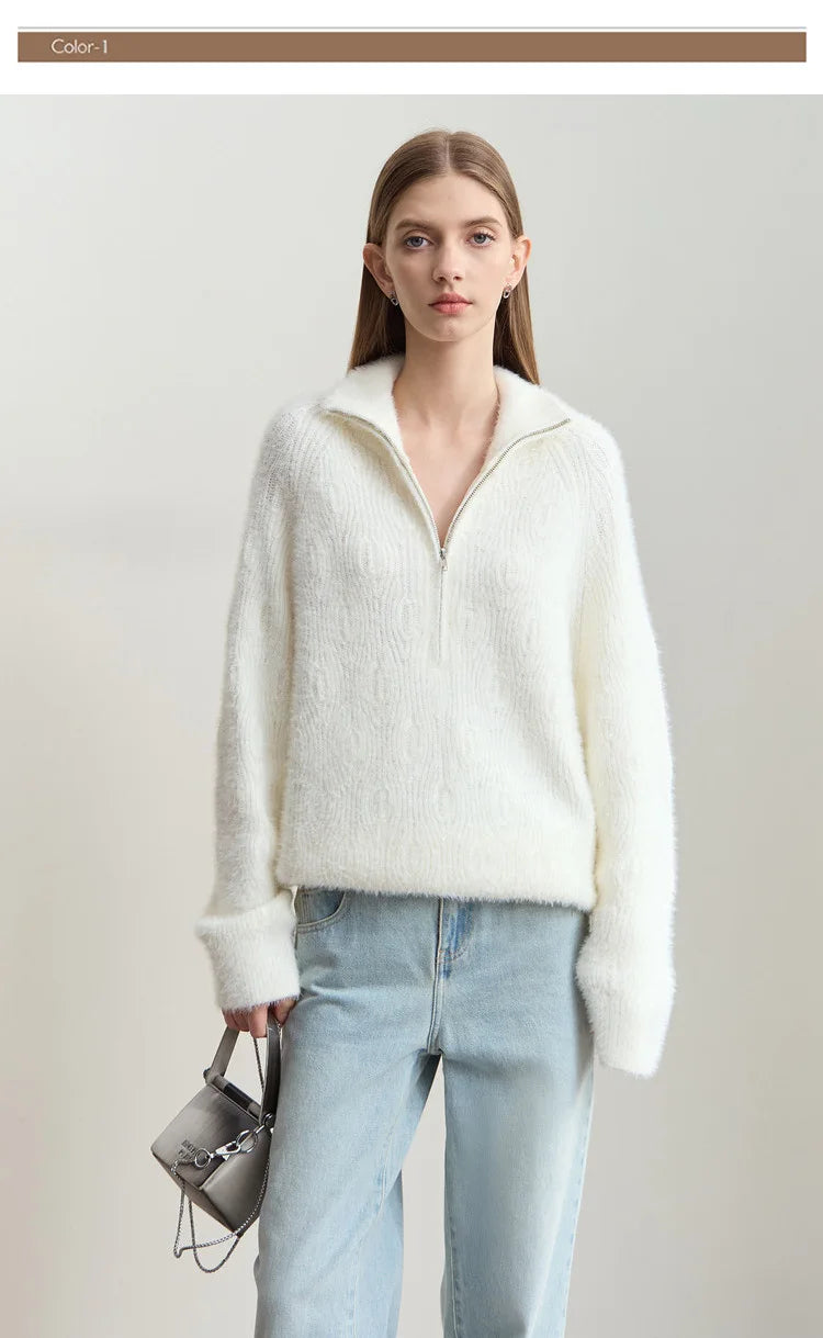 Damen-Rollkragenpullover Reißverschluss Nerz-Optik locker Winter