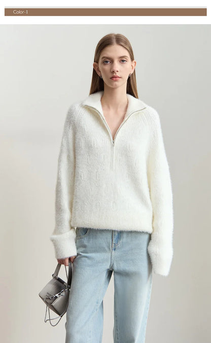 Damen-Rollkragenpullover Reißverschluss Nerz-Optik locker Winter