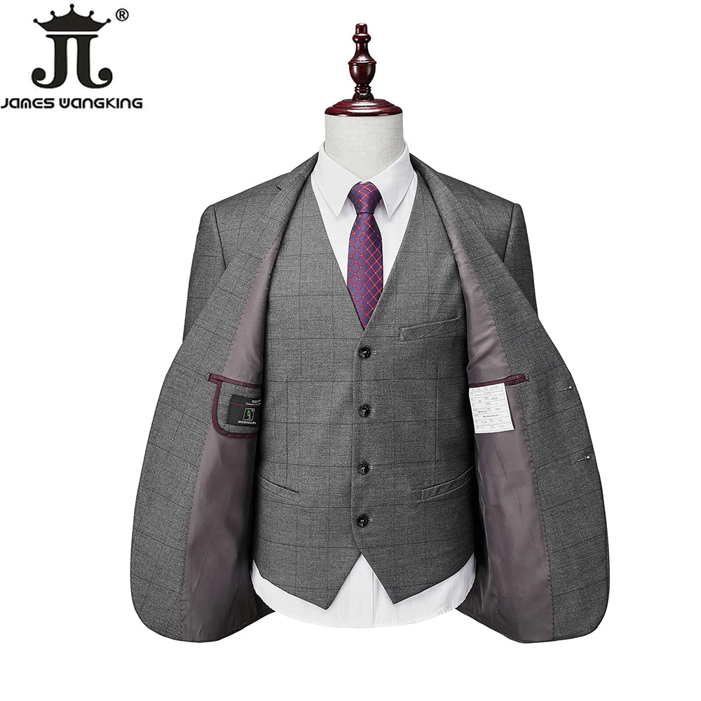 Hochwertiger Herren Anzug 3-teilig: Kariert, Grau, Slim Fit, Business & Hochzeit.