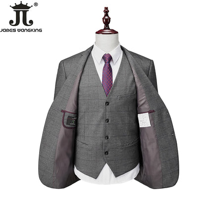 Hochwertiger Herren Anzug 3-teilig: Kariert, Grau, Slim Fit, Business & Hochzeit.
