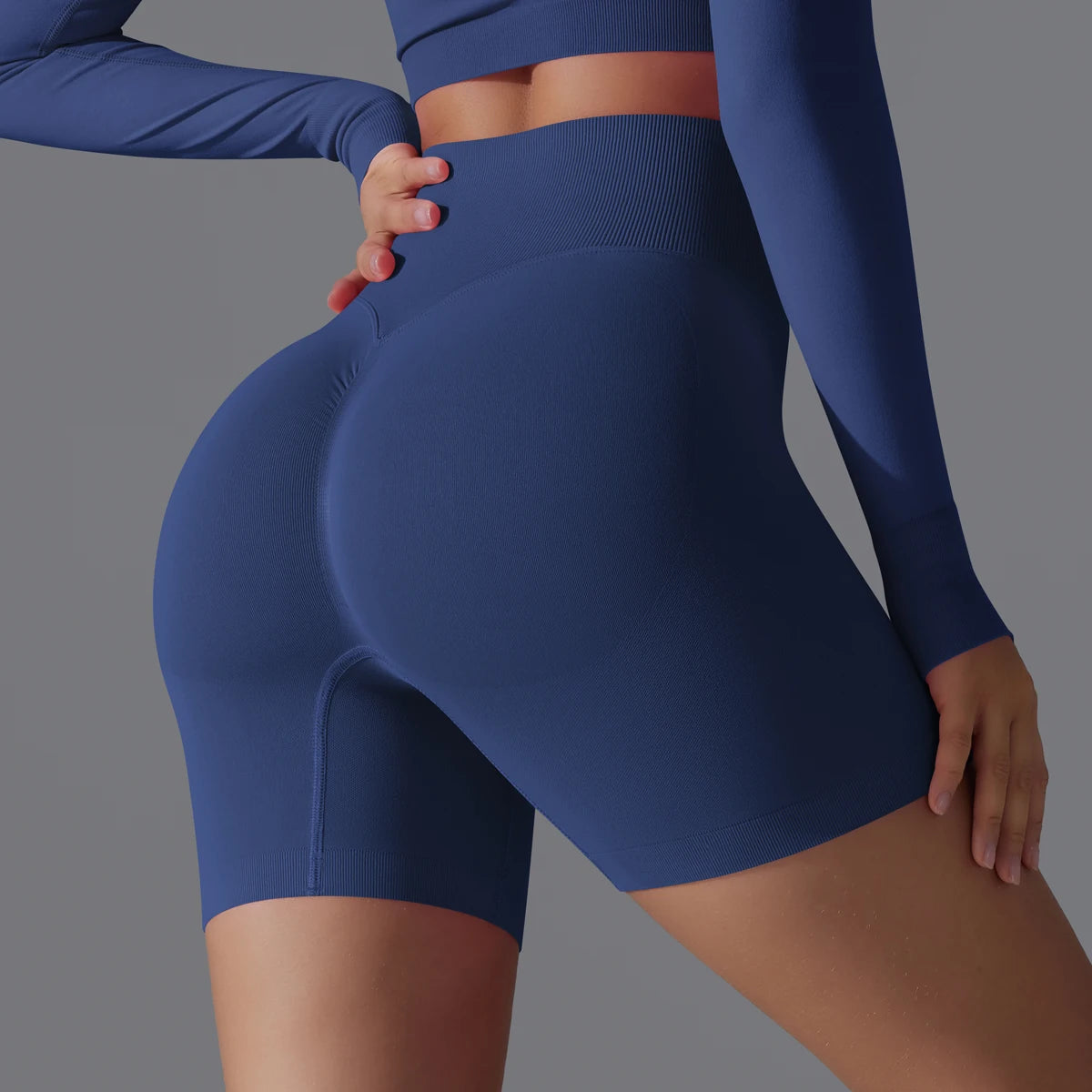 Damen-Sportshorts mit Scrunch-Effekt, navyblau, hohe Taille, eng anliegend
