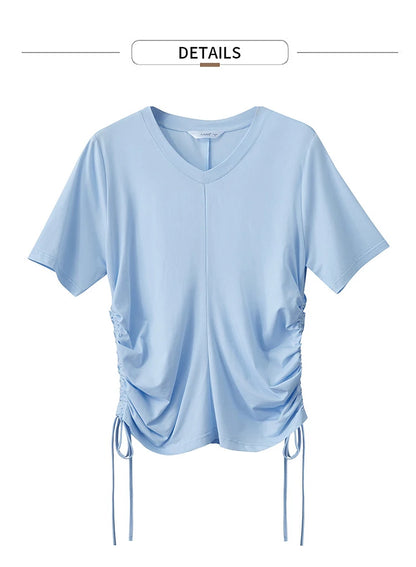 Damen T-Shirt mit solidem V-Ausschnitt und Kordelzug für den Sommer