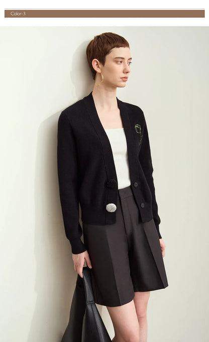 Damen-Strickjacke V-Ausschnitt Stickerei locker Langarm Herbst