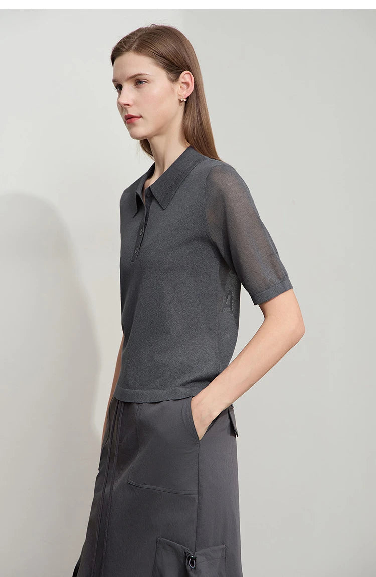Dunkelgrauer Damen-Sommerpullover mit Kurzarm und Umlegekragen, einfarbigem Strick-Look