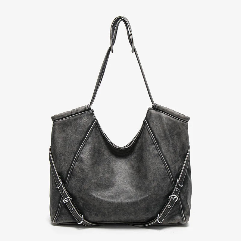 Damen-Schultertasche aus weichem PU mit verstellbaren Schnallenriemen und großem Fassungsvermögen dunkelgrau