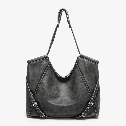 Damen-Schultertasche aus weichem PU mit verstellbaren Schnallenriemen und großem Fassungsvermögen dunkelgrau