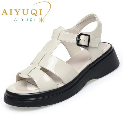 AIYUQI Frauen Sandalen Sommer 2025, Neue Echtes Leder Keil Frauen Sandalen Offene spitze Römischen Sandalen Frauen