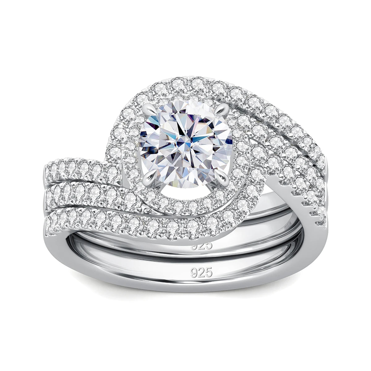 Zwei-Ring-Set für Damen, silberfarbene Fassungen mit großem Mittelstein und Pavé-Besatz