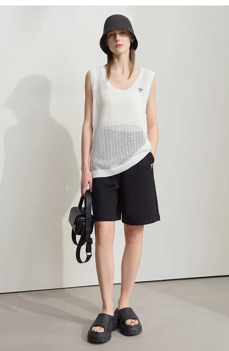 Damen V-Ausschnitt Pullover Viskose ärmellos Lochmuster Sommer