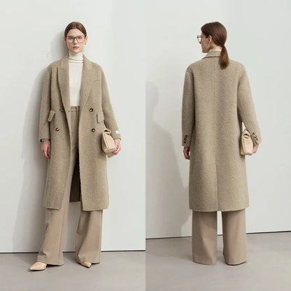 Damen Wollmantel im Minimalismus-Stil mit zwei Reihen und Taschen