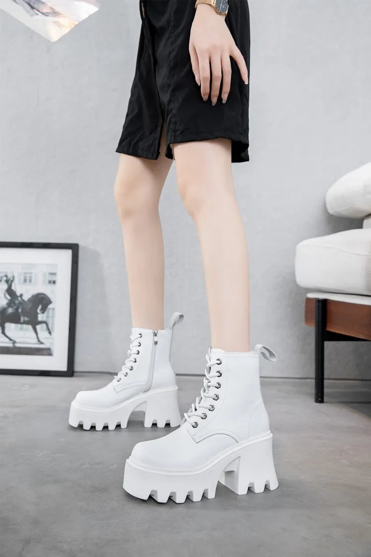 Damen-Schnürstiefeletten mit Plateau und Blockabsatz, weiß, eckige Spitze