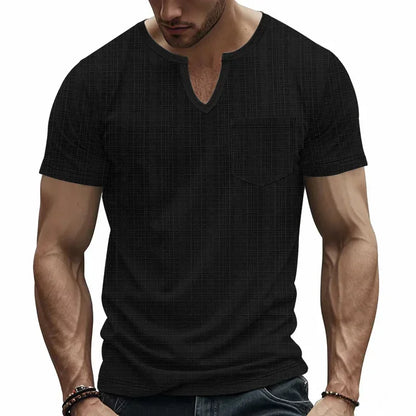 Herren-Casual-Poloshirt mit V-Ausschnitt, Brusttasche und Knopfleiste – vielseitiges, einfarbiges Business-T-Shirt