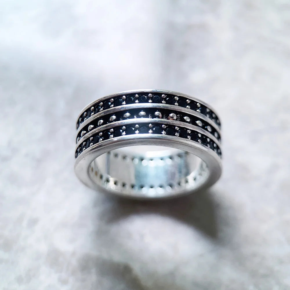 Damen-Bandring schwarzes Zirkonia-Pavé Vintage aus Sterlingsilber