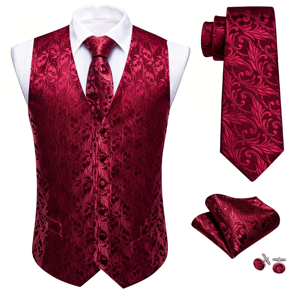 Herrenweste Jacquard in Bordeaux mit Ornamentmuster, dazu Krawatte und Einstecktuch