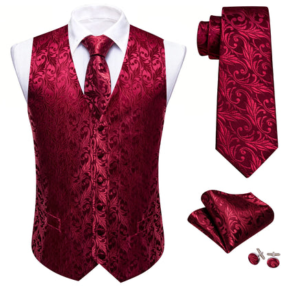 Herrenweste Jacquard in Bordeaux mit Ornamentmuster, dazu Krawatte und Einstecktuch