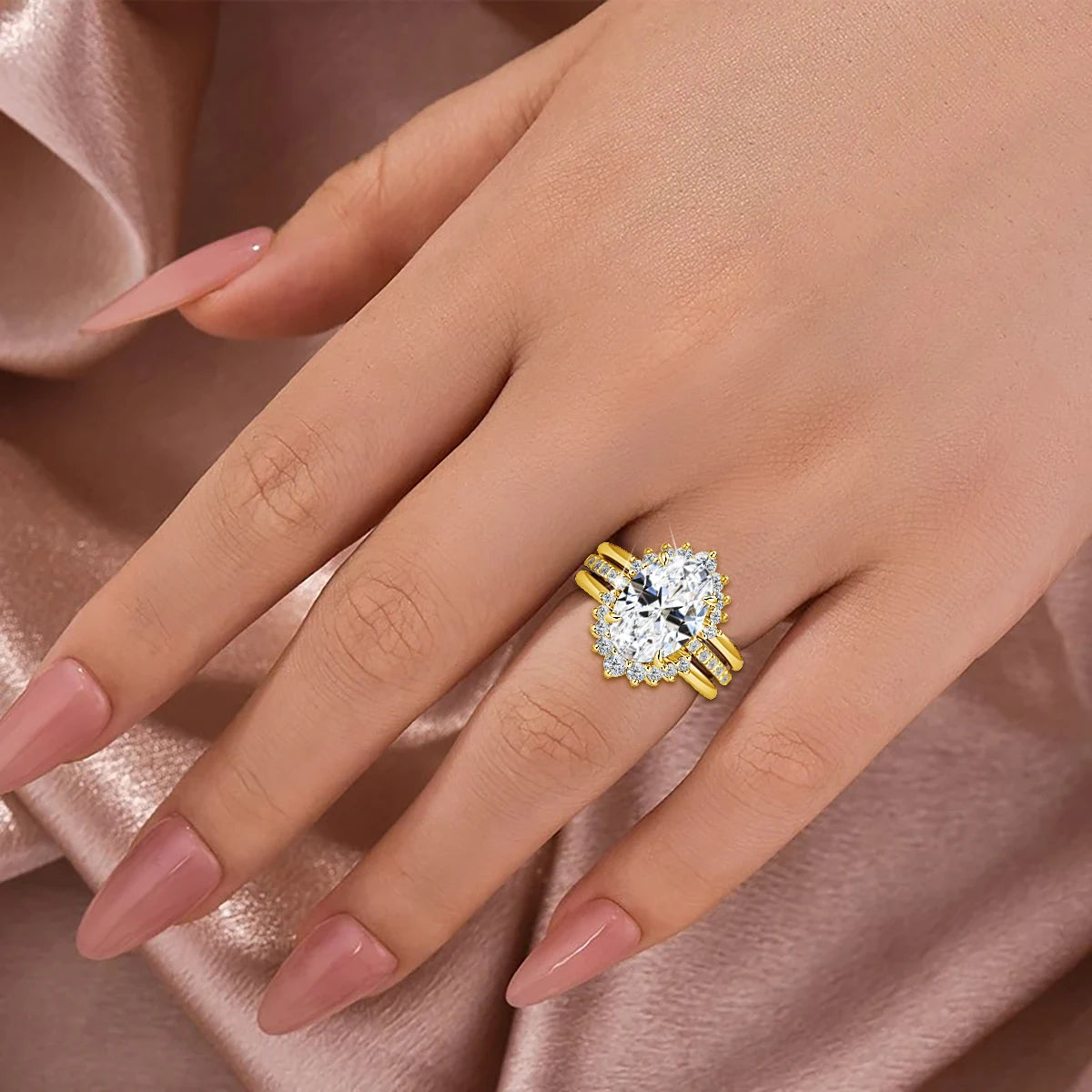 Damen-Verlobungsring-Set aus Silber mit ovalem Moissanit, 5 Karat Gesamt, 3-Teiliges Ringset, Zertifikat