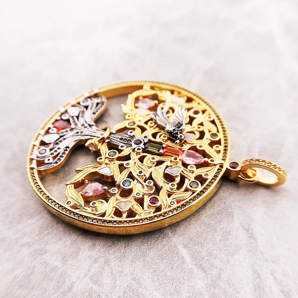 Damen-Charm-Anhänger Baum Rabe Vintage golden aus Sterlingsilber