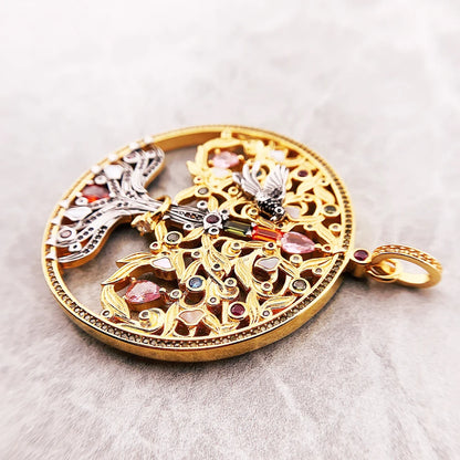 Damen-Charm-Anhänger Baum Rabe Vintage golden aus Sterlingsilber