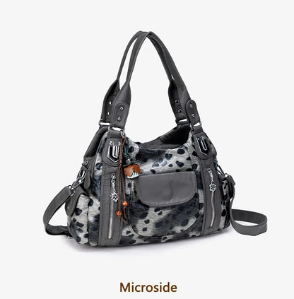 Damen-Hobo-Tasche aus gewaschenem Leder mit grau-Leoparden-Print und mehreren Fächern und viel Stauraum