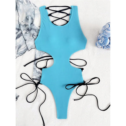 Damen Badeanzug Cut-Out Schnürung Riemen rückenfrei High-Cut 2026
