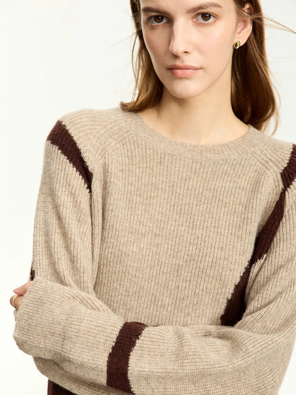 Damen-Rundhalspullover Wolle Yak asymmetrisch Patchwork locker Winter