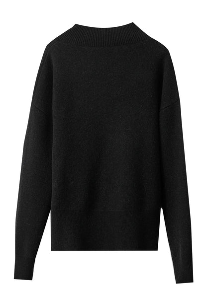 Schwarzer Damenpullover, Rückansicht mit Rundhalsausschnitt und langen Ärmeln