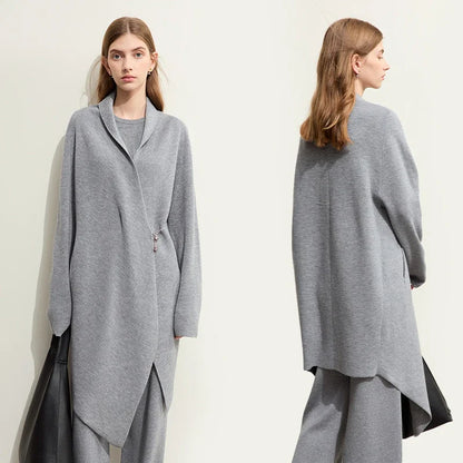 Damen-Strickjacke Wolle Umlegekragen lang locker Tasche Herbst