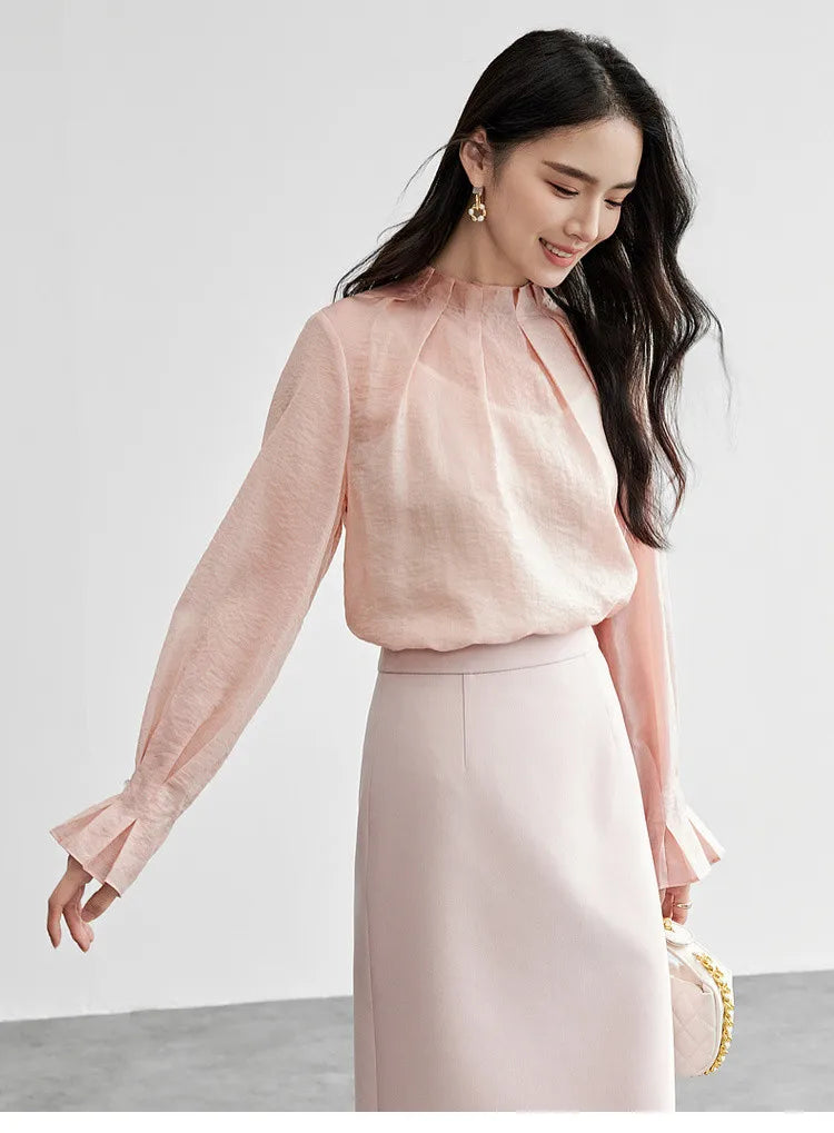 Elegante Vintage-Chiffonbluse mit Print und langen Ärmeln – lockerer Schnitt für Frühling und Herbst