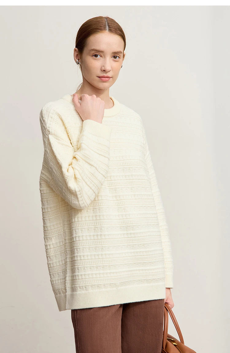 Damen-Pullover Cremeweiß, quer geripptes Strickmuster, Rundhalsausschnitt, lange Ärmel