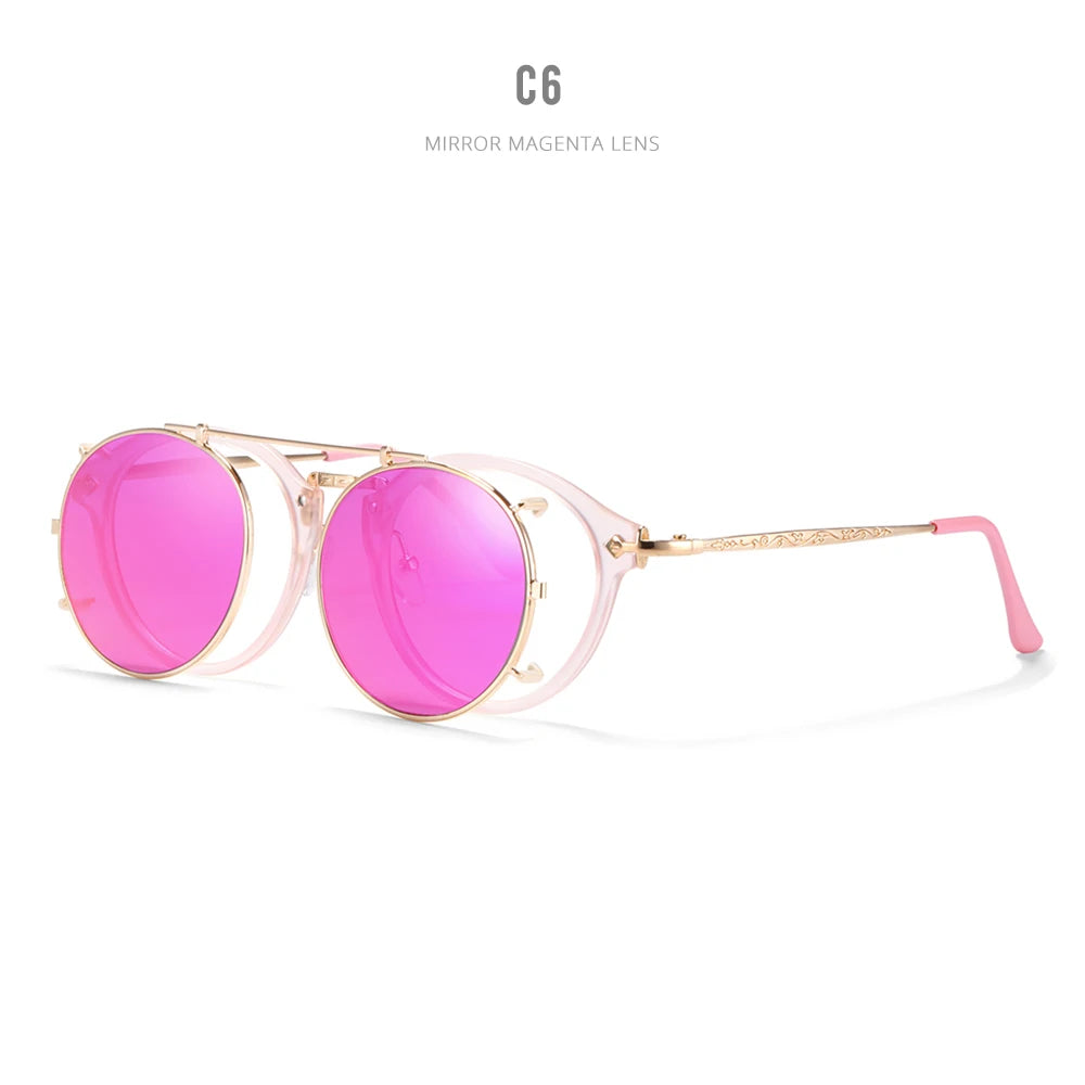 Sonnenbrille rund Steampunk Clip-On abnehmbar polarisiert Markenbox Herren