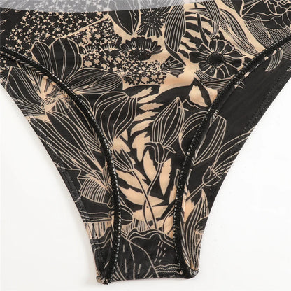 Damen-Badeanzug 3-teilig Print Langarm Sarong-Set gepolstert