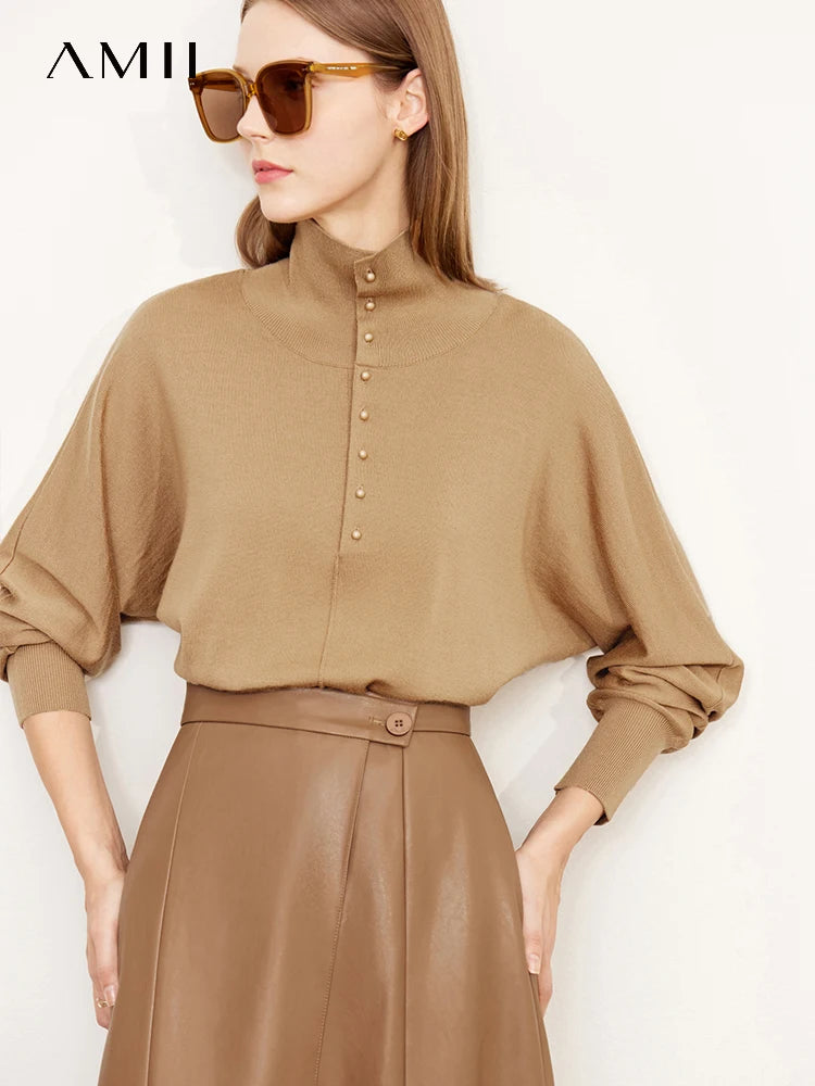 Damen-Rollkragenpullover 100 % Wolle locker Fledermausärmel Herbst