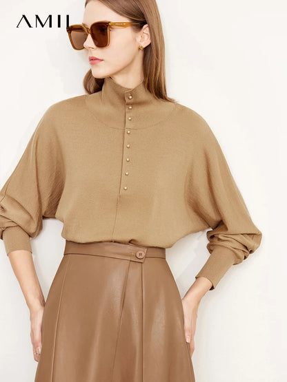 Damen-Rollkragenpullover 100 % Wolle locker Fledermausärmel Herbst