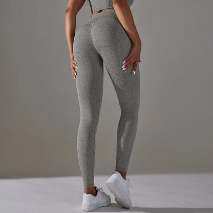 Nahtlose Yoga-Leggings, hochtailliert, graumelierter Look, lange Passform