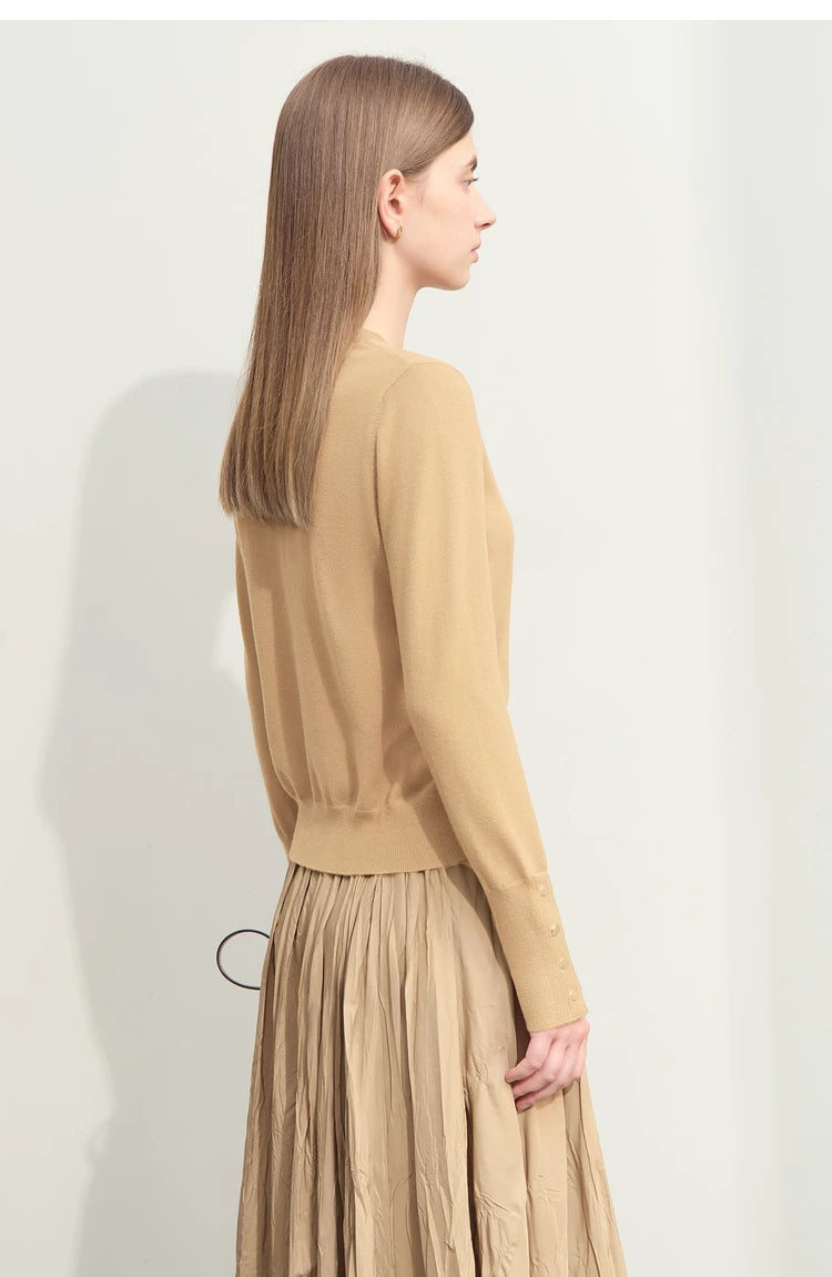 Damen-Strickjacke Rundhals Wolle Metallknopf französisch Büro Frühling
