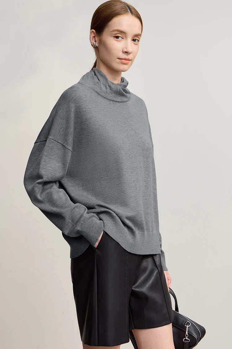 Damen-Rollkragenpullover locker Wolle-Mix Raglan lang Winter