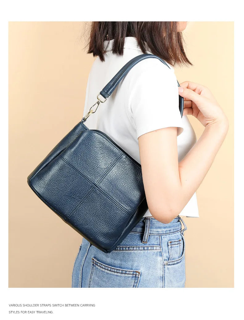 Damen-Schultertasche aus Leder Vintage Schwarz Großes Fassungsvermögen Crossbody-Tasche