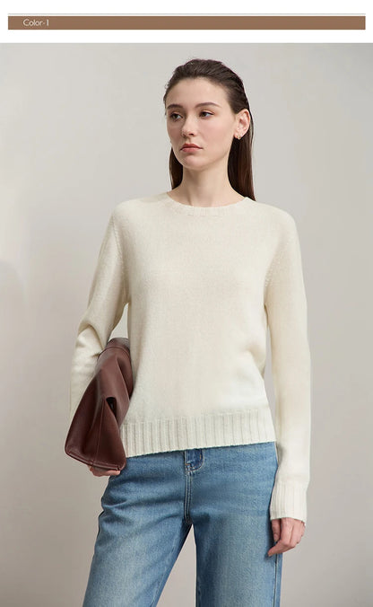 Wollpullover, einfarbig cremeweiß, Rundhalsausschnitt, lange Ärmel, gerippter Saum und Bündchen