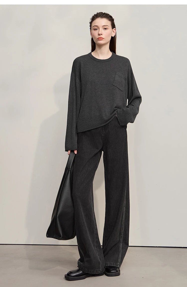 AMI Damen-Pullover mit Rundhalsausschnitt und Seitentasche, dunkelgrau meliert, lange Ärmel, locker