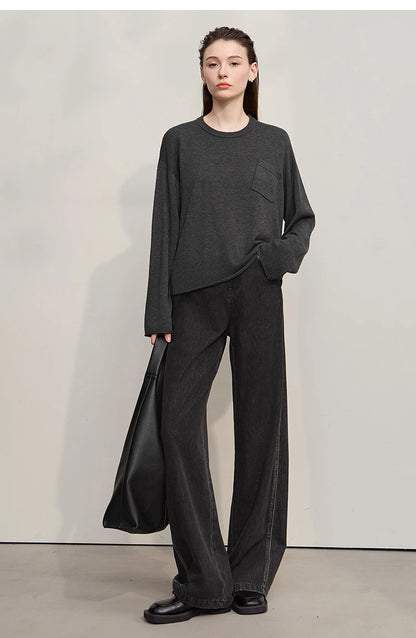 AMI Damen-Pullover mit Rundhalsausschnitt und Seitentasche, dunkelgrau meliert, lange Ärmel, locker